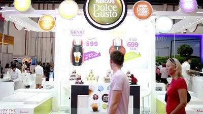 The Nescafe stand promoting their Dolce Gusto product at the Abu Dhabi Electonic Shopper event. Lee Hoagland / The National