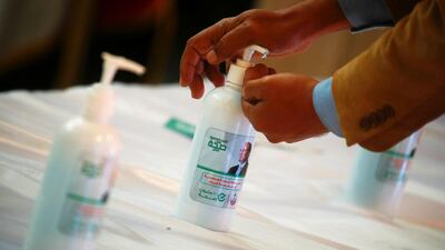 Egyptian President Abdel Fatah El Sisi is seen on a bottle of sanitiser, Reuters