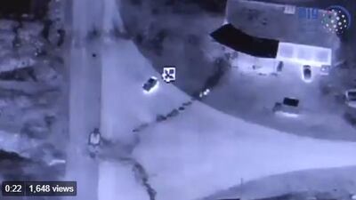 A screengrab from a video showing a military vehicle belonging to the Iranian-backed Houthi militias being bombed in Yemen. Courtesy Wam