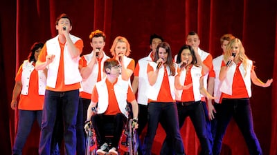 The cast of the hit show, left to right, Amber Riley, Cory Monteith, Chris Colfer, Kevin McHale, Dianna Agron, Harry Shum Jr., Lea Michele, Jenna Ushkowitz, Mark Salling, Chord Overstreet and Heather Morris perform at Glee Live! at the Staples Center on M???