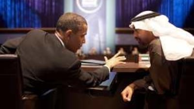 Sheikh Mohammed bin Zayed, Crown Prince of Abu Dhabi and Deputy Supreme Commander of the UAE Armed Forces, speaks to the US president Barack Obama during the nuclear security summit in Washington yesterday.