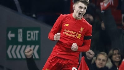 Ben Woodburn of Liverpool celebrates his goal against Leeds in the League Cup on Tuesday night. Carl Recine / Action Images / Reuters / November 29, 2016