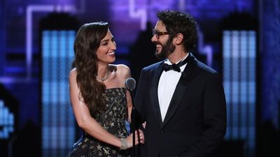 Co-hosts Sara Bareilles, left, and Josh Groban, on stage at the 72nd annual Tony Awards. Michael Zorn / Invision / AP