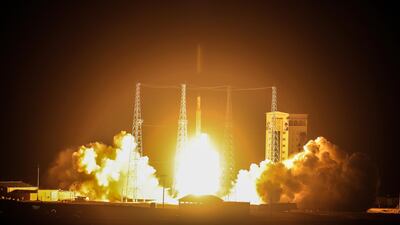 An Iranian Simorgh rocket carrying a satellite being launched from Imam Khomeini Spaceport in the Semnan province. Iran's state television reported that the rocket failed to put a communications satellite into oribt. EPA