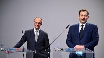 Germany's chancellor-in-waiting and leader of the Christian Democratic Union party, Friedrich Merz, left, and co-leader of the Social Democratic Party, Lars Klingbeil. Reuters