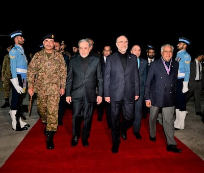 The Iranian delegation led by parliament speaker Mohammad Baqer Qalibaf and Foreign Minister Abbas Araqchi is welcomed by Pakistan's Chief of Army Staff Asim Munir and Minister for Foreign Affairs Mohammad Ishaq Dar in Islamabad. Reuters