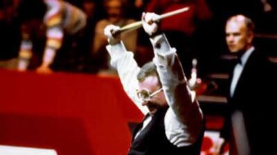 Dennis Taylor celebrates his black ball finish to win the World Snooker title in 1985.