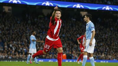Yevhen Konoplyanka of Sevilla celebrates after scoring and putting his team 1-0 up against Manchester City on Wednesday in the Champions League. Phil Noble / Reuters