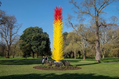 Dale Chihuly's 'Scarlet and Yellow Icicle Tower' in Kew Gardens. Courtesy Chihuly Studio.