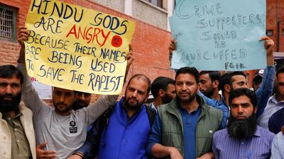 Protesters in Srinagar, the summer capital of Indian Kashmir, call for justice in the rape and murder case of eight-year-old girl, on April 14, 2018. Farooq Khan / EPA