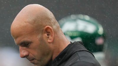 New York Jets head coach Robert Saleh walks on the field before an NFL football game. AP
