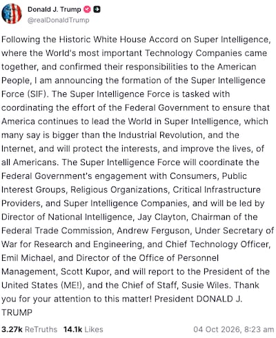 US President Donald Trump posted this message on Truth Social on October 4, 2026.