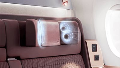 Japan Airlines's new A350-1000 aircraft include built-in headrest speakers in first-class cabins, eliminating the need for headphones. All photos: Japan Airlines