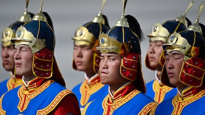 Mongolian honour guards at Chinggis Khaan International Airport. AFP