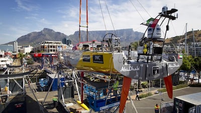 The Abu Dhabi Ocean Racing team’s shore crew prepare Azzam to go back in the water at Cape Town as they plan the route to Abu Dhabi. Ian Roman / ADOR