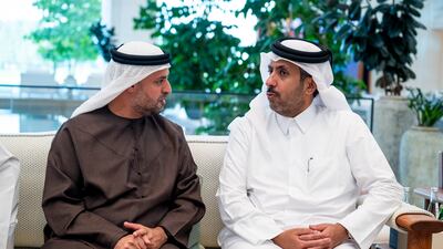 Sheikh Mohamed bin Hamad, Adviser to the President, speaks with a Qatari dignitary