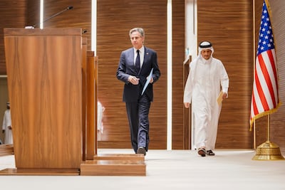 US Secretary of State Antony Blinken and Qatari Prime Minister and Foreign Minister Mohammed bin Abdulrahman Al Thani, in Doha on Thursday. AP