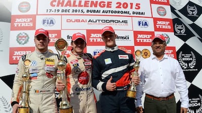 Pietro Fittipaldi, second left, shown after winning an MRF Challenge race in December 2015. Photo Courtesy / Total Communications
