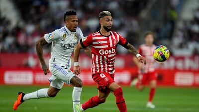 Girona's Argentinian striker Taty Castellanos in action against Real Madrid's Brazilian defender Eder Militao. EPA