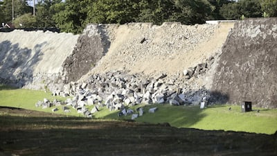 Damage to Kumamoto Castle's stone walls in Kumamoto. Reuters