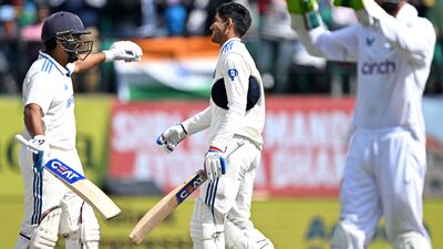 Shubman Gill, centre, and captain Rohit Sharma both scored centuries as India reached 473-8 at stumps on Day 2. AFP