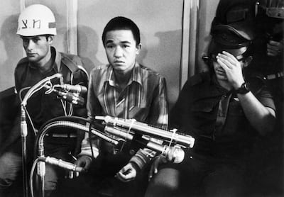 Kozo Okamoto, the only surviving member of the JRA unit that killed 26 people in an attack on Israel's Lod Airport, during his trial before a military tribunal in Israel, July 1972. AFP
