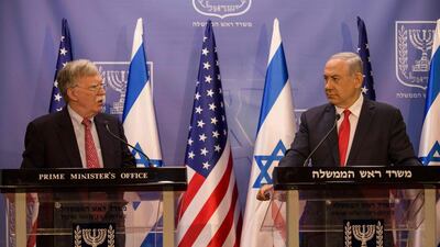 Israeli Prime Minister Benjamin Netanyahu (R) and visiting US National Security Advisor John Bolton give a press conference in Jerusalem on June 23, 2019. AFP