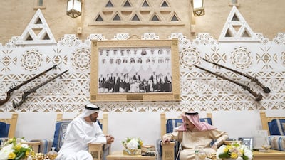 Sheikh Mohamed bin Zayed, Crown Prince of Abu Dhabi and Deputy Supreme Commander of the UAE Armed Forces meets with King Salman at Al Auja Palace in Riyadh.