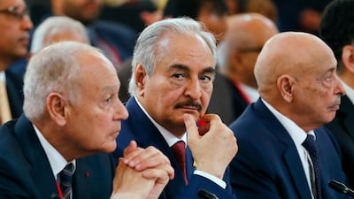 Libya National Army Chief of Staff, Marshall Khalifa Haftar (C) and President of the Libyan House of Representatives in Tobruk Aguila Saleh Issa (R) attend the International Congress on Libya at the Elysee Palace in Paris, France, 29 May 2018. EPA/ETIENNE LAURENT / POOL MAXPPP OUT