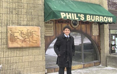 In front of Phil's Burrow at Punxsutawney Library.