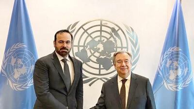 Mohammed Al Gergawi, UAE minister of cabinet affairs and the future, pictured with UN chief Antonio Guterres, after he was selected to be part of a 20-person expert panel on digital cooperation.