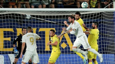 Villarreal's Vicente Iborra (2-R) in action against Real Madrid's Sergio Ramos (3-R) during a Spanish LaLiga soccer match between Villarreal and Real Madrid at the Ceramica stadium in Villarreal, eastern Spain. EPA