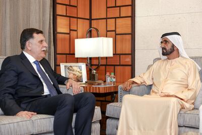 Sheikh Mohammed bin Rashid, Vice-President of the UAE, with Fayez Al Sarraj, prime minister of the Tripoli-based Government of National Accord of Libya. Dubai Media Office