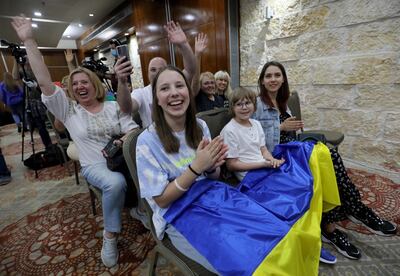 Ukrainian Jews attend a performance by the Kalush Orchestra, Ukraine's entry to the 2022 Eurovision Song Contest, at a hotel in Jerusalem. AFP