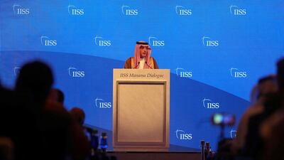 Saudi Arabia's Foreign Minister Adel Al Jubeir speaking during the Manama dialogue in Bahrain. Hamad I Mohammed / Reuters