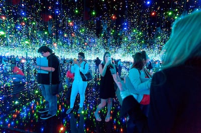 Yayoi Kusama’s Infinity Mirrored Room – Filled with the Brilliance of Life, where twinkling lights are reflected off the water and mirrored walls. Photo: Guggenheim Abu Dhabi