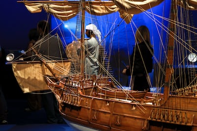 A scale model of a traditional sailing vessel at Louvre Abu Dhabi's Spices and Wonders exhibition. Six model ships highlight maritime traditions and the development of Indian Ocean trade routes. Victor Besa / The National
