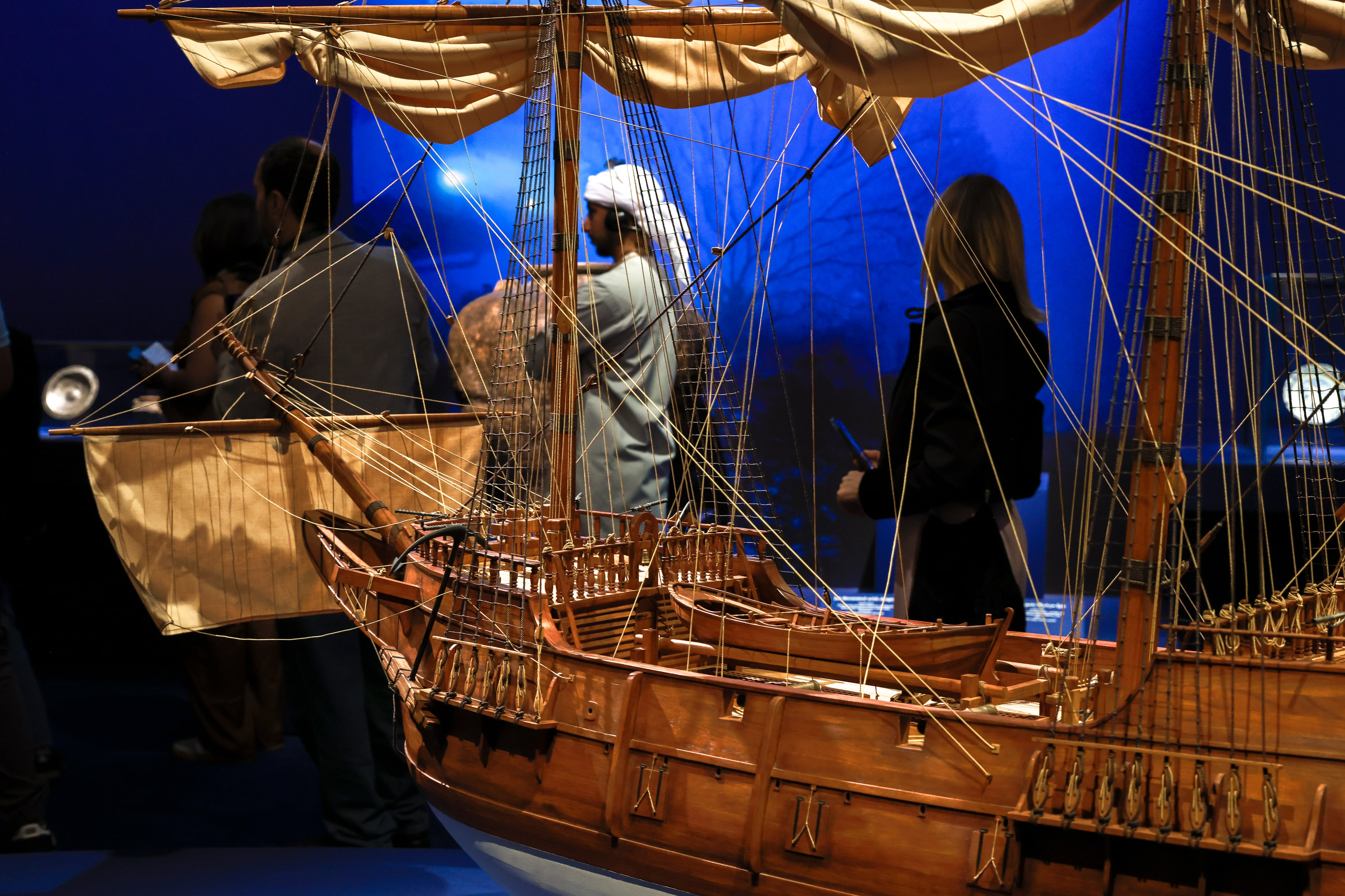 A scale model of a traditional sailing vessel at Louvre Abu Dhabi's Spices and Wonders exhibition. Six model ships highlight maritime traditions and the development of Indian Ocean trade routes. Victor Besa / The National