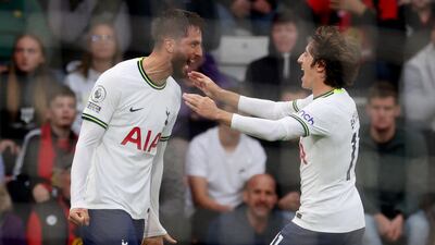 Tottenham's Rodrigo Bentancur celebrates scoring the third goal in the 3-2 Premier League win against Bournemouth on October 29, 2022. Action Images