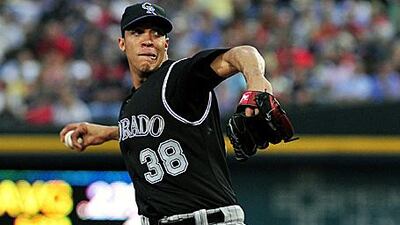 Ubaldo Jimenez, the 26-year-old Colorado Rockies starter, walked six and struck out seven, and also had an RBI single in the fourth inning. He threw 128 pitches in all.
