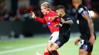 Stefan Teitur Thordarson in action against West Ham's Manuel Lanzini. EPA