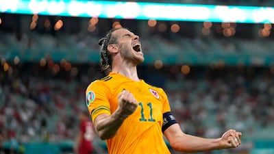 Gareth Bale celebrates after Wales' second goal during the Euro 2020 match against Turkey at Baku Olympic Stadium in June 2021. Getty