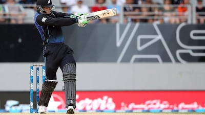 Martin Guptill of New Zealand plays a shot during the third one-day international against Pakistan on Sunday in Auckland. Michael Bradley / AFP / January 31, 2016