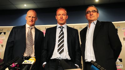 Alan Shearer, centre, at his first press conference after being appointed Newcastle United's caretaker manager on April 1, 2009. PA