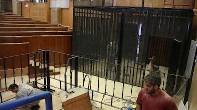 The cage where former Egyptian president Hosni Mubarak and his aides are due to be during their trial at the police academy on the outskirts of Cairo yesterday. Ahmed Khaled / EPA