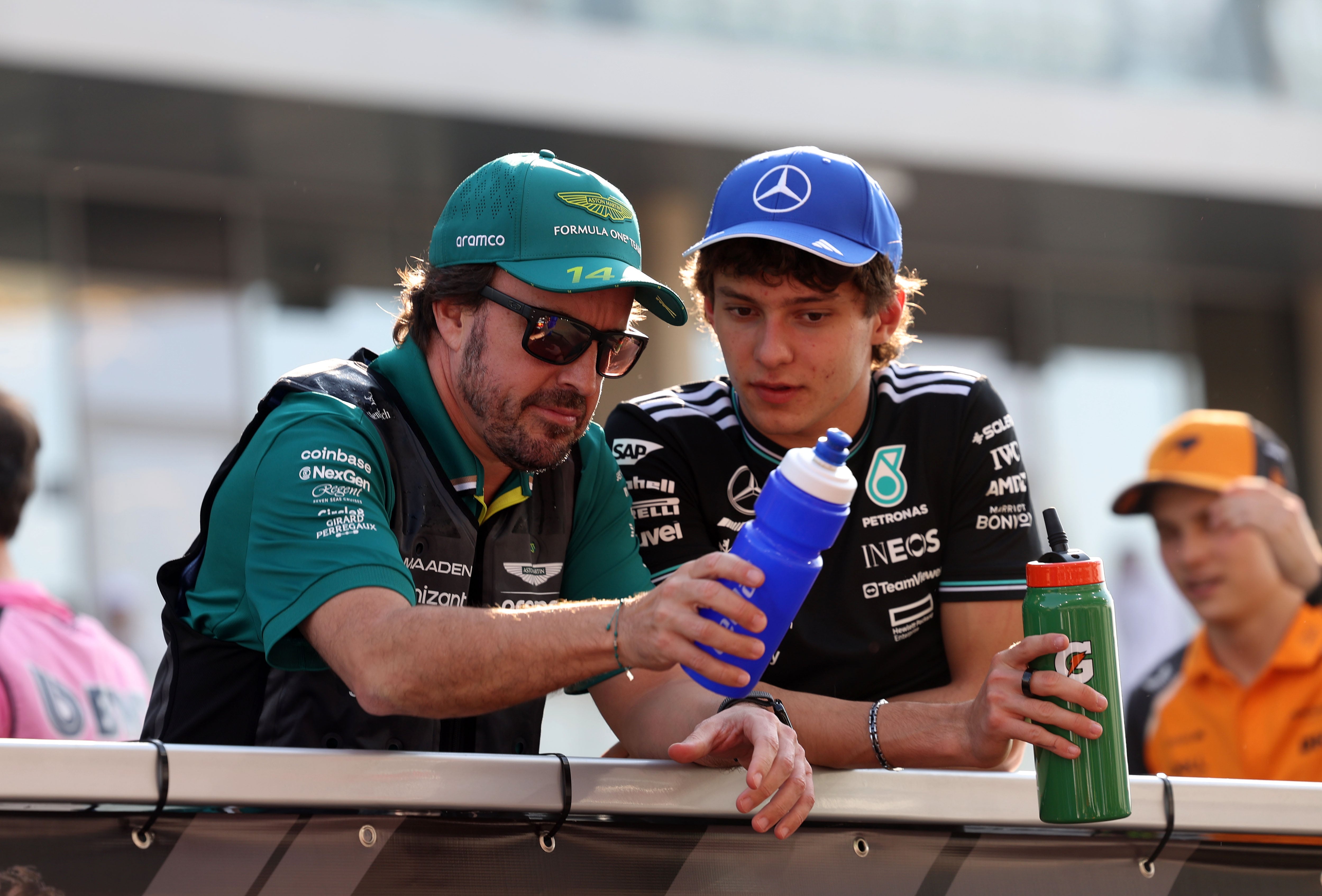 Aston Matin's Fernando Alonso and Mercedes driver Kimi Antonelli