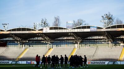 LASK players during training at Linzer Stadion ahead of their Europa League last-16 first l-leg clash with Manchester United. EPA