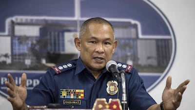 Bulacan police chief Romeo Caramat gestures during a press conference at the Philippine National Police headquarters in Manila on August 16, 2017. Noel Celis / AFP