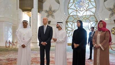 Mr Biden visits the Sheikh Zayed Grand Mosque. Seen with Yusef Al Obaidly, Director General of the Sheikh Zayed Grand Mosque Centre (L), Ishaq Mohammed Al Mushairi, tour guide (3rd R), Ms Hashimy and Ms Leaf. Crown Prince Court - Abu Dhabi