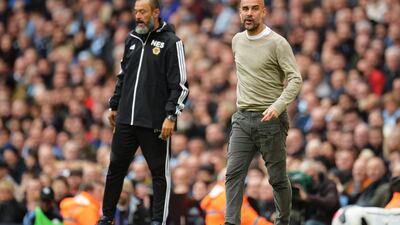 epa07901559 Manchester City manager Pep Guardiola (R) and his Wolverhampton counterpart Nuno Espirito Santo during the English Premier League soccer match between Manchester City and Wolverhampton Wanderers at the Etihad Stadium, Manchester, Britain, 06 October 2019. EPA/PETER POWELL EDITORIAL USE ONLY. No use with unauthorized audio, video, data, fixture lists, club/league logos or 'live' services. Online in-match use limited to 120 images, no video emulation. No use in betting, games or single club/league/player publications